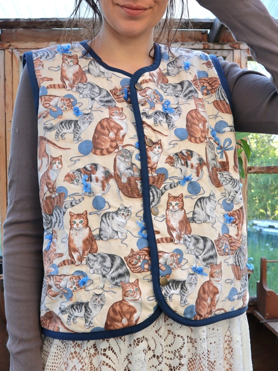 Handmade Jackets & Blazers - Upcycled Cat Vintage Print Quilt Vest in Cream and Blue